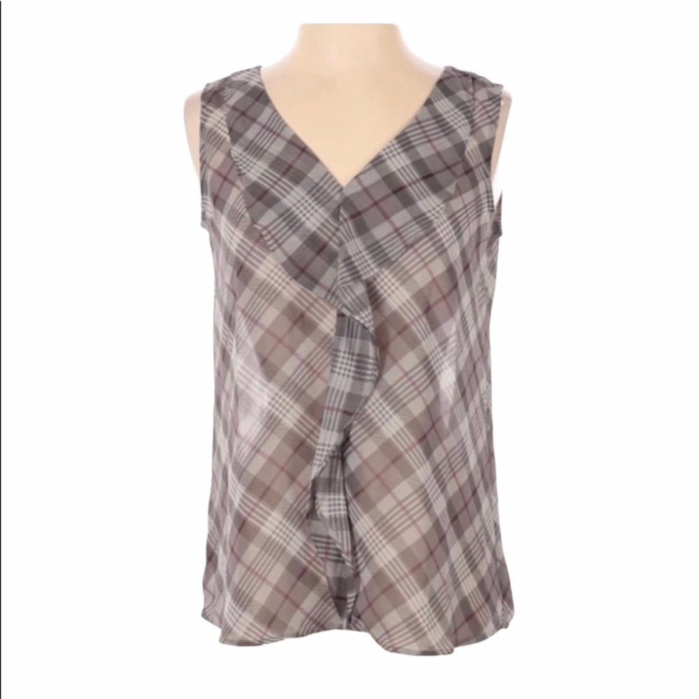 ANN TAYLOR LOFT PLAID RUFFLE SHEER SLEEVELESS TOP